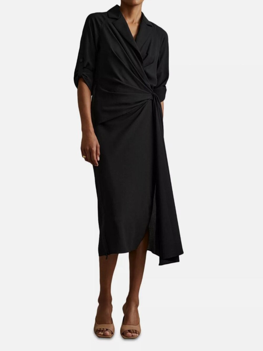 Reiss Women's Black Whitney Gathered Midi Dress Size 12